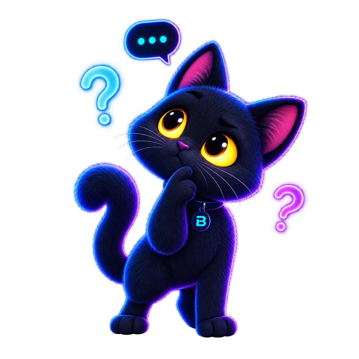 Gato negro de Sistemas Blackcat con ojos amarillos pensando entre signos de interrogación