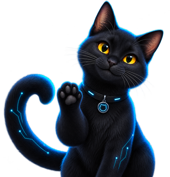 Gato negro sonriente agradeciendo el contacto