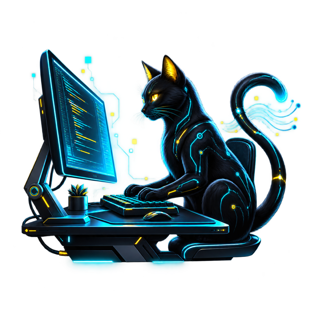 Gato negro tecnológico trabajando frente a un computador