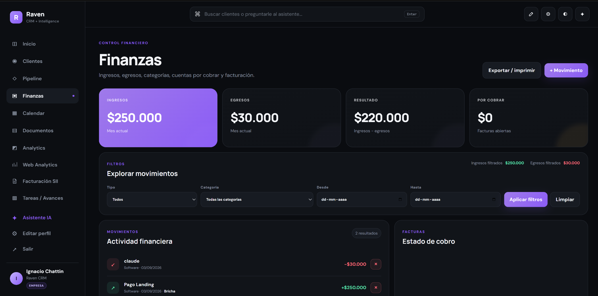 Captura real de Finanzas en Raven CRM