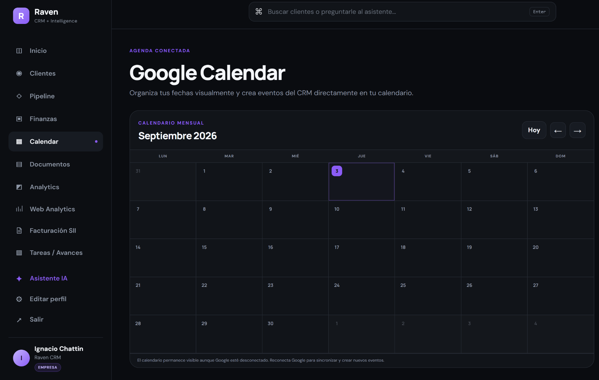 Captura real de Google Calendar en Raven CRM