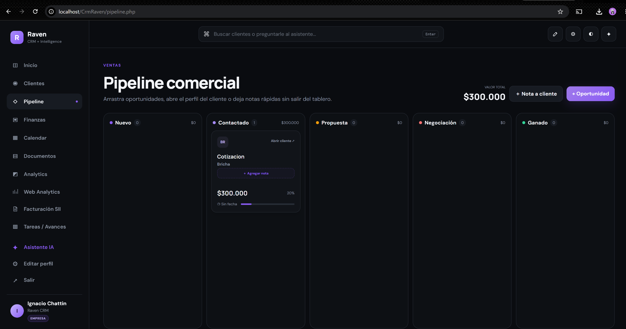 Captura real de Pipeline comercial en Raven CRM