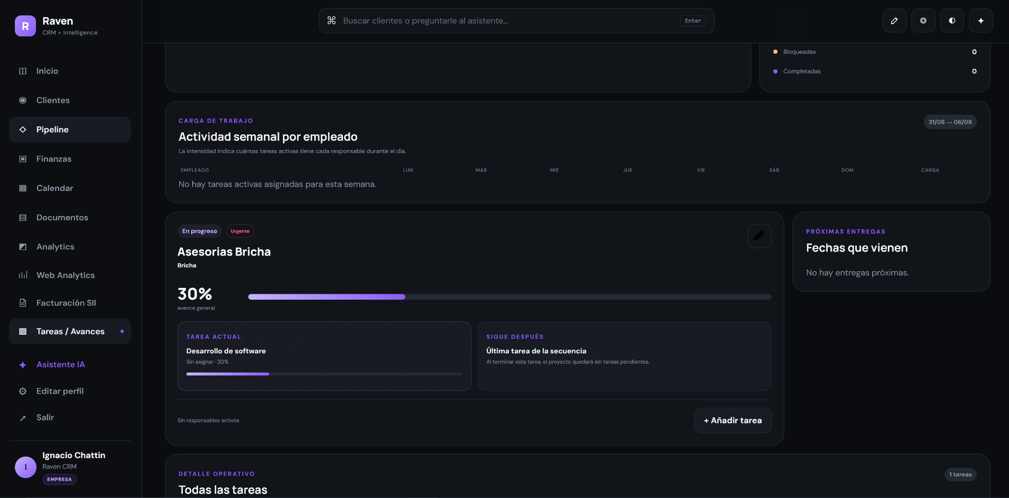 Captura real de Proyectos y tareas en Raven CRM