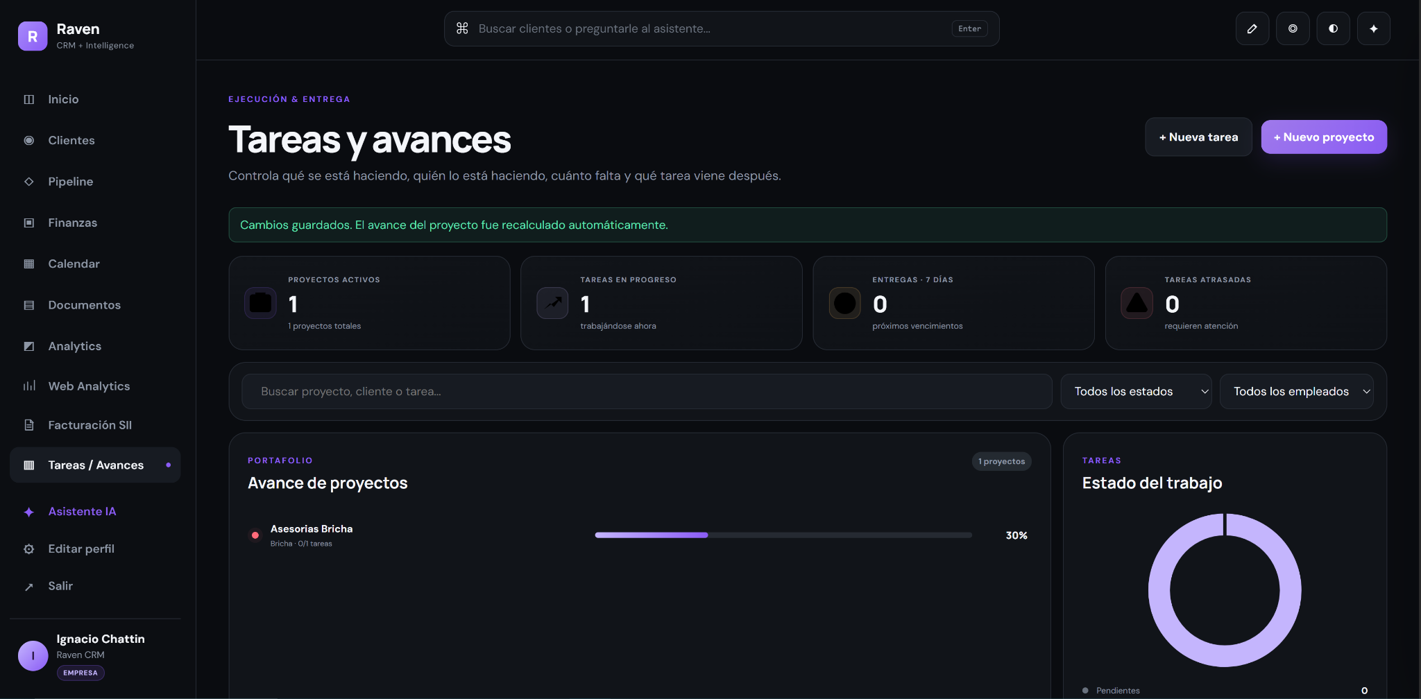 Captura real de Tareas y avances en Raven CRM
