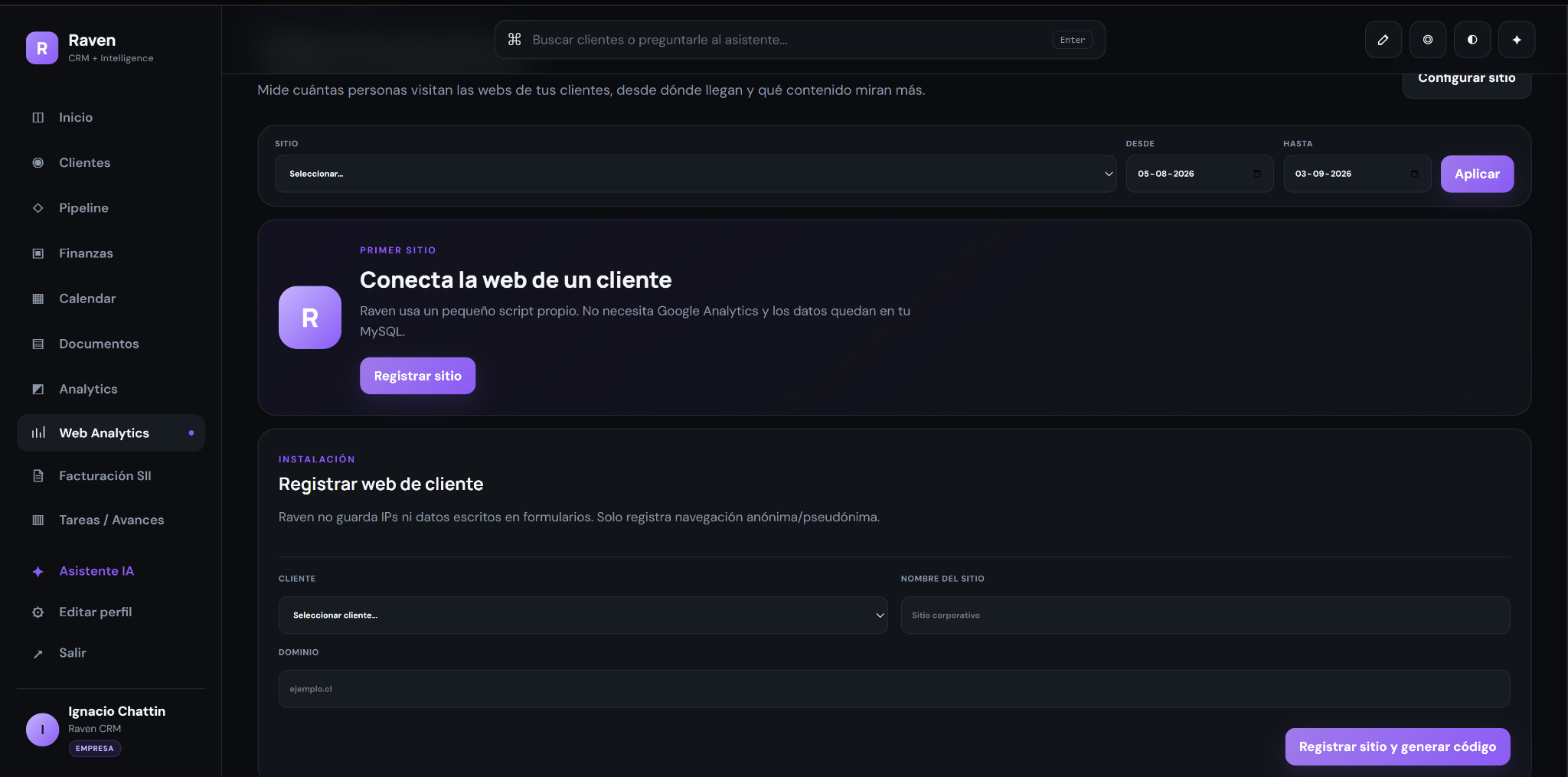 Captura real de Web Analytics en Raven CRM